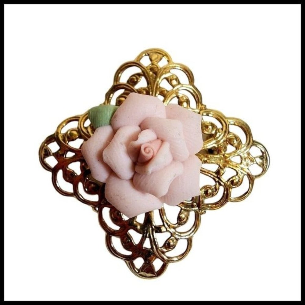 Vintage Gold Tone Filigree 3D Pink Bisque Porcelain Rose Brooch Pin Victorian